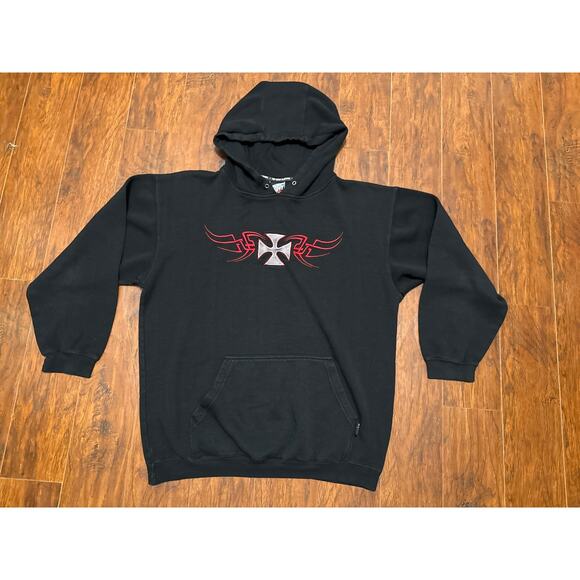 Vintage Y2K Top Heavy JNCO Style Tribal Cross Embroidered Baggy Hoodie Sz M - Picture 1 of 7